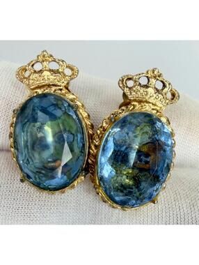 VINTAGE 1960'S ERA CORO BLUE/GOLD  Crown RHINESTONE CLIP-ON EARRINGS